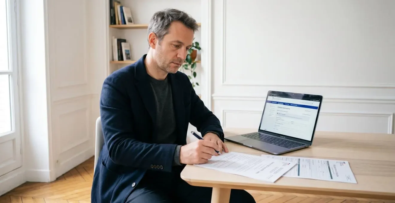 Entrepreneur assis à un bureau contemporain, révisant des documents officiels de création d'entreprise avec stylo et ordinateur portable affichant le portail formalités en France