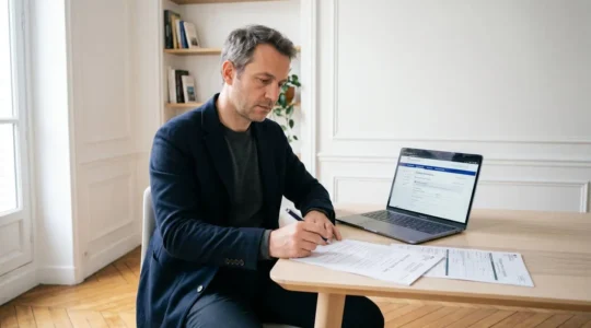 Entrepreneur assis à un bureau contemporain, révisant des documents officiels de création d'entreprise avec stylo et ordinateur portable affichant le portail formalités en France